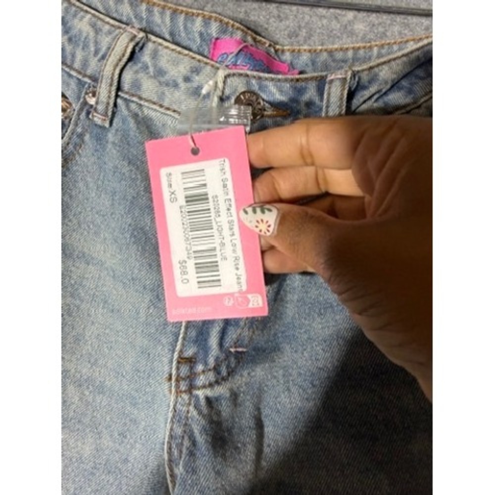Edikted Trish Satin Effect Pink Stars Low Rise Wide Leg Baggy Jean Light Blue XS - Picture 4 of 10